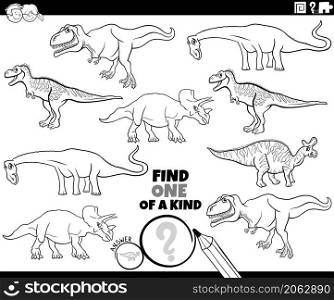 Black and white cartoon illustration of find one of a kind picture educational task with dinosaurs prehistoric animal characters coloring book page