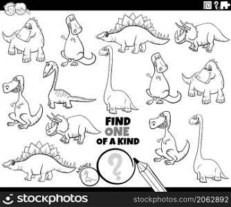 Black and white cartoon illustration of find one of a kind picture educational game with dinosaurs prehistoric animal characters coloring book page
