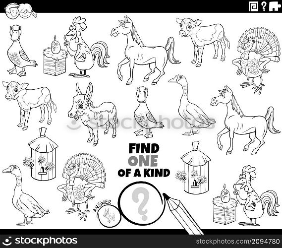 Black and white cartoon illustration of find one of a kind picture educational game with funny farm animal characters coloring book page