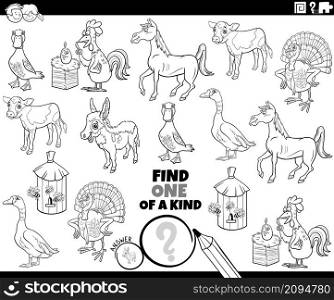 Black and white cartoon illustration of find one of a kind picture educational game with funny farm animal characters coloring book page