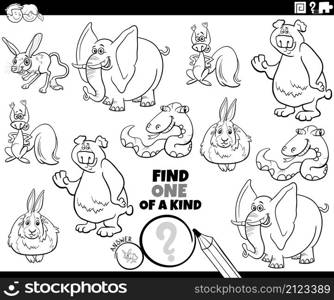 Black and white cartoon illustration of find one of a kind picture educational game with funny wild animal characters coloring book page