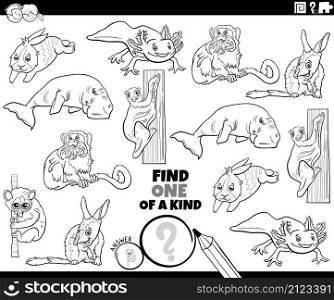 Black and white cartoon illustration of find one of a kind picture educational game with comic animal characters coloring book page