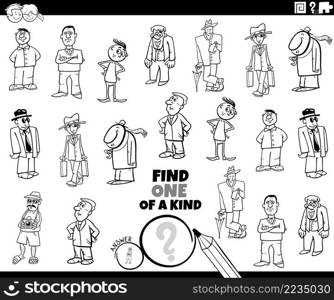 Black and white cartoon illustration of find one of a kind picture educational task with comic people characters coloring book page