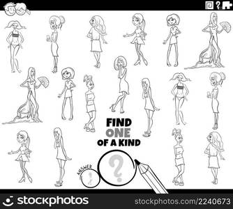 Black and white cartoon illustration of find one of a kind picture task with comic girls and women characters coloring book page