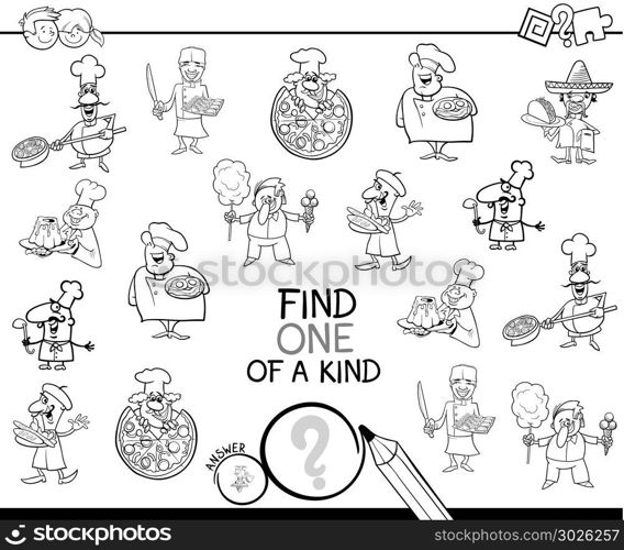 Black and White Cartoon Illustration of Find One of a Kind Picture Educational Activity Game for Children with Chef Characters Coloring Book