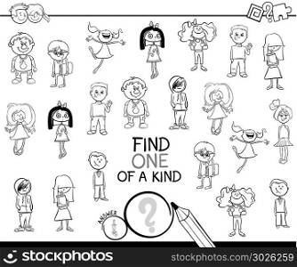Black and White Cartoon Illustration of Find One of a Kind Picture Educational Activity Game for Children with Boys and Girls Characters Coloring Book