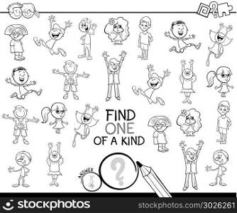 Black and White Cartoon Illustration of Find One of a Kind Picture Educational Activity Game for Children with Kid Characters Coloring Book