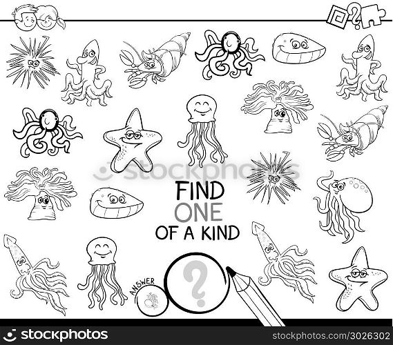 Black and White Cartoon Illustration of Find One of a Kind Picture Educational Activity Game for Kids with Sea Life Animal Characters Coloring Book
