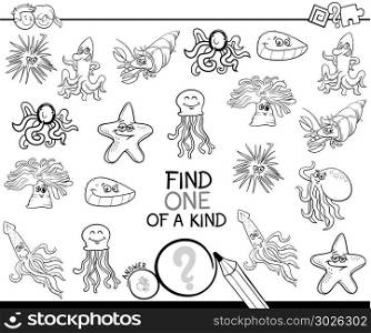 Black and White Cartoon Illustration of Find One of a Kind Picture Educational Activity Game for Kids with Sea Life Animal Characters Coloring Book