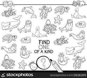 Black and White Cartoon Illustration of Find One of a Kind Picture Educational Activity Game for Kids with Marine Life Animal Characters Coloring Book