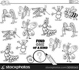 Black and White Cartoon Illustration of Find One of a Kind Picture Educational Game with Funny Insects and Bugs Animal Characters Coloring Book Page