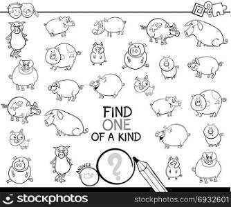 Black and White Cartoon Illustration of Find One of a Kind Picture Educational Activity Game for Children with Pig and Piglet Characters Coloring Book