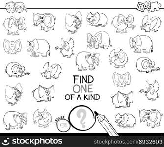 Black and White Cartoon Illustration of Find One of a Kind Picture Educational Activity Game for Children with Elephant Characters Coloring Book