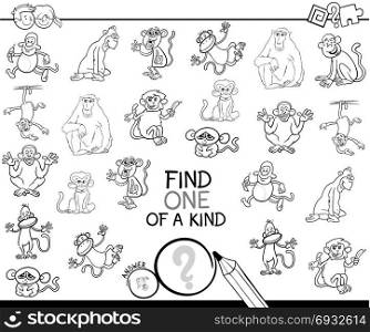 Black and White Cartoon Illustration of Find One of a Kind Picture Educational Activity Game for Children with Monkey Characters Coloring Book