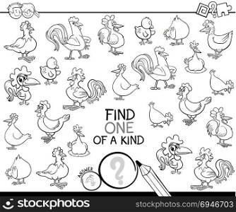 Black and White Cartoon Illustration of Find One of a Kind Picture Educational Activity Game for Children with Chicken Farm Animal Characters Coloring Book