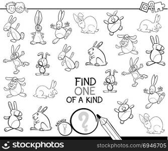 Black and White Cartoon Illustration of Find One of a Kind Picture Educational Activity Game for Children with Rabbits Animal Characters Coloring Book