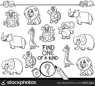 Black and White Cartoon Illustration of Find One of a Kind Picture Educational Activity Game with Wild Animal Characters Coloring Book