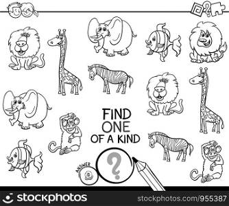 Black and White Cartoon Illustration of Find One of a Kind Picture Educational Activity Game with Animal Characters Coloring Book