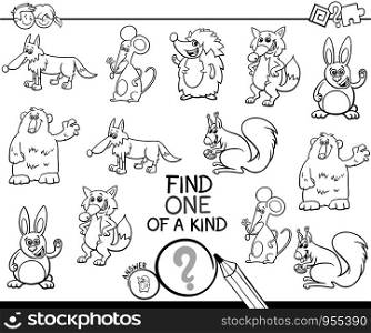 Black and White Cartoon Illustration of Find One of a Kind Picture Educational Activity Game for Children with Animal Characters Coloring Book