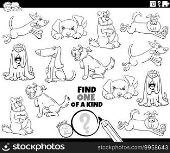 Black and white cartoon illustration of find one of a kind picture educational game with funny dogs animal characters coloring book page