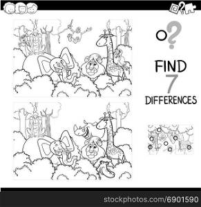 Black and White Cartoon Illustration of Find the Differences Between Pictures Educational Activity Game for Children with Wild Animal Characters Group Coloring Book