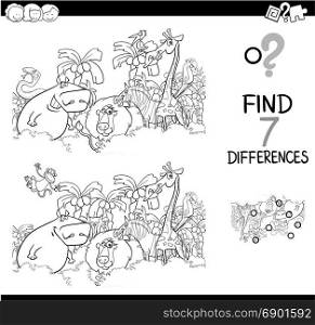 Black and White Cartoon Illustration of Find the Differences Between Pictures Educational Activity Game for Children with Safari Animal Characters Group Coloring Book