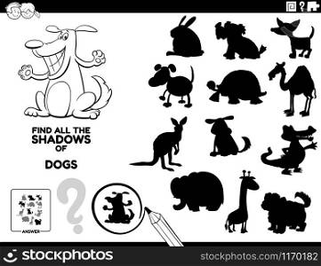 Black and White Cartoon Illustration of Finding All The Shadows of Dogs Educational Game for Children Coloring Book