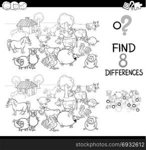 Black and White Cartoon Illustration of Finding Differences Between Pictures Educational Activity Game for Kids with Comic Farm Animal Characters Group Coloring Book