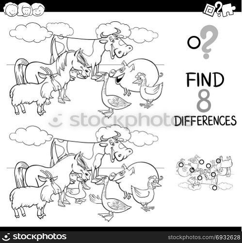Black and White Cartoon Illustration of Finding Differences Between Pictures Educational Activity Game for Kids with Funny Farm Animal Characters Group Coloring Book