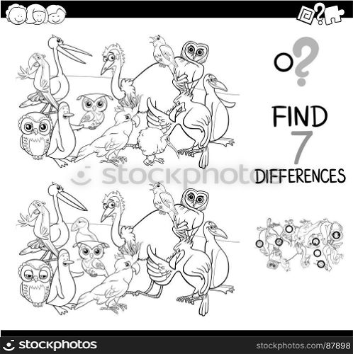 Black and White Cartoon Illustration of Finding Differences Between Pictures Educational Activity Game for Children with Birds Animal Characters Group Coloring Book