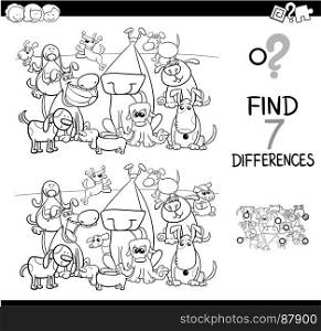 Black and White Cartoon Illustration of Finding Differences Between Pictures Educational Activity Game for Children with Dogs Animal Characters Group Coloring Book