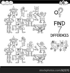 Black and White Cartoon Illustration of Finding Differences Between Pictures Educational Activity Game for Kids with Robot Characters Group Coloring Book