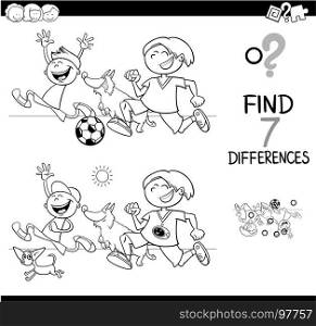 Black and White Cartoon Illustration of Finding Differences Between Pictures Educational Activity Game with Funny Playful Children Characters with Dogs Coloring Book