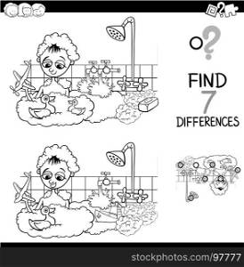 Black and White Cartoon Illustration of Finding Differences Between Pictures Educational Activity Game with Boy Character Playing in the Bath Coloring Book