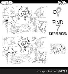 Black and White Cartoon Illustration of Finding Differences Between Pictures Educational Activity Game with Fish Animal Characters in the Sea Coloring Book