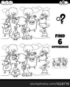Black and White Cartoon Illustration of Finding Differences Between Pictures Educational Game for Children with Happy Farm Animal Characters Coloring Book
