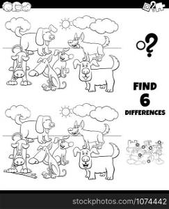 Black and White Cartoon Illustration of Finding Differences Between Pictures Educational Game for Children with Happy Dogs Pet Animal Characters Coloring Book Page