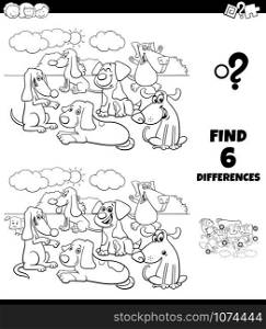 Black and White Cartoon Illustration of Finding Differences Between Pictures Educational Game for Children with Happy Dogs and Puppies Animal Characters Coloring Book Page