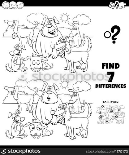 Black and White Cartoon Illustration of Finding Differences Between Pictures Educational Game for Children with Funny Dogs Characters Group Coloring Book Page