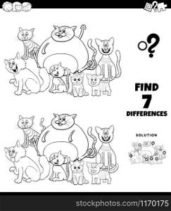 Black and White Cartoon Illustration of Finding Differences Between Pictures Educational Game for Children with Funny Cats Characters Group Coloring Book Page