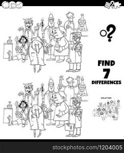 Black and White Cartoon Illustration of Finding Differences Between Pictures Educational Game for Children with Scientist Characters Group in Laboratory Coloring Book Page