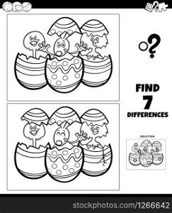 Black and White Cartoon Illustration of Finding Differences Between Pictures Educational Game for Children with Easter Bunny and Chick Characters Coloring Book Page