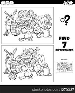 Black and White Cartoon Illustration of Finding Differences Between Pictures Educational Game for Children with Easter Bunny Characters Coloring Book Page