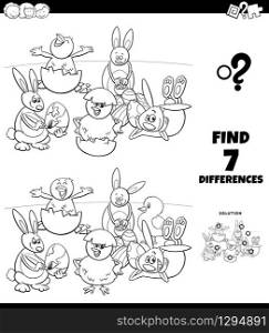 Black and White Cartoon Illustration of Finding Differences Between Pictures Educational Game for Children with Easter Holiday Characters Coloring Book Page