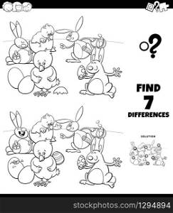 Black and White Cartoon Illustration of Finding Differences Between Pictures Educational Game for Children with Easter Bunnies and Chicks Characters Coloring Book Page