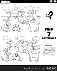 Black and White Cartoon Illustration of Finding Differences Between Pictures Educational Game for Children with Happy Dogs Characters Group Coloring Book Page