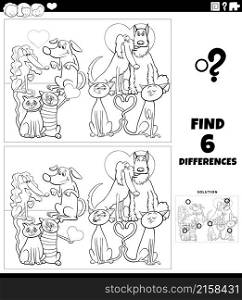Black and white cartoon illustration of finding differences between pictures educational game with funny pets in love on Valentines Day coloring book page