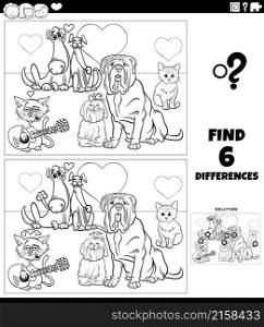 Black and white Cartoon illustration of finding differences between pictures educational game with pets in love on Valentines Day coloring book page