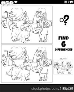 Black and white cartoon illustration of finding differences between pictures educational game with dogs animal characters in love on Valentines Day coloring book page