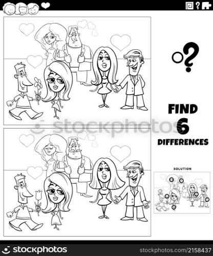 Black and white cartoon illustration of finding differences between pictures educational game with couples in love on Valentines Day coloring book page